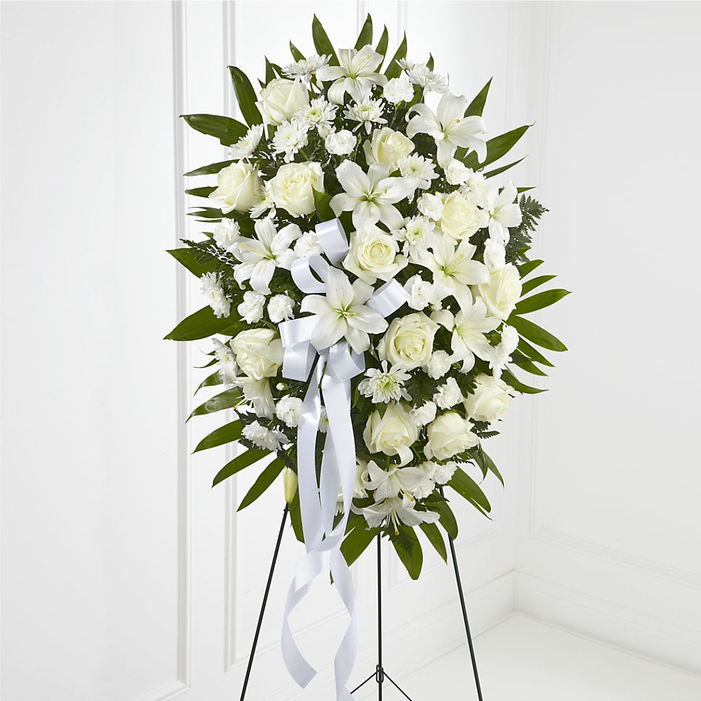 Exquisite Tribute Standing Spray-White Ribbon – Artistic Designs Unlimited, Marianna FL
