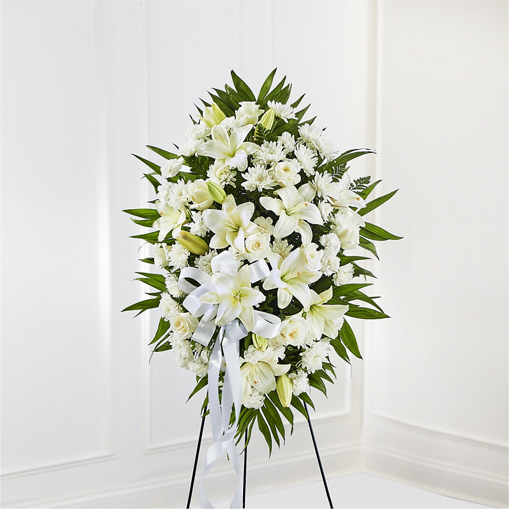 Exquisite Tribute Standing Spray-White Ribbon – Artistic Designs Unlimited, Marianna FL